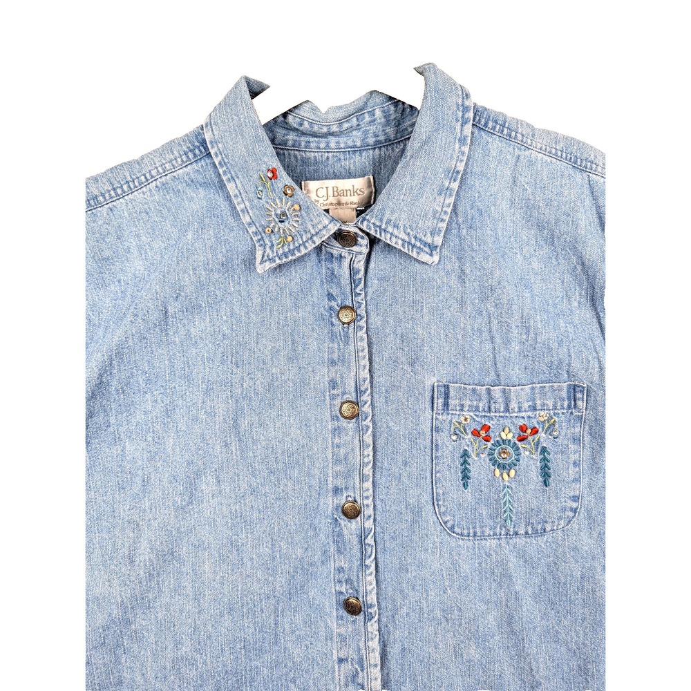 CJ Banks Denim Collared Embroidered Beads Floral Garden 2X Cottagecore Y2K
